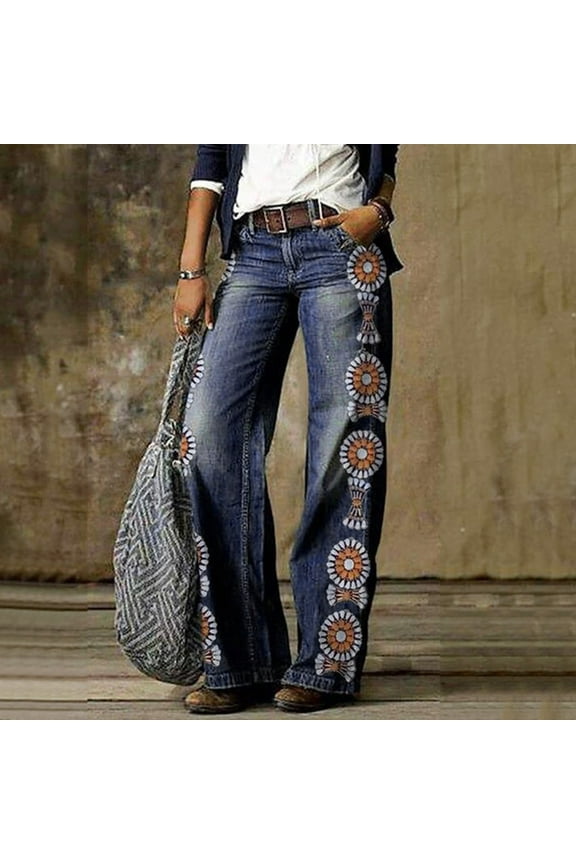 Wide Leg Jeans for Women Trendy Floral Printed Baggy mid Waist Casual Denim Pants