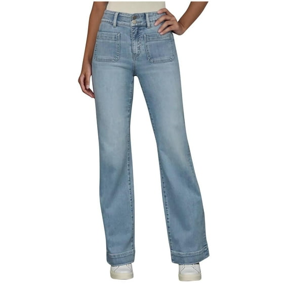 Wide Leg Jeans for Women Trendy High Waisted Denim Trouser with Pockets Sky Blue S