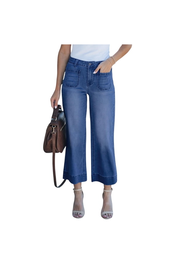Wide Leg Jeans for Women Trendy High Waisted Flare Jeans Cropped Denim Pants Stretchy Baggy with Patch Pockets, 2XL
