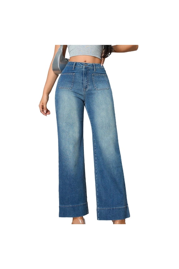 Wide Leg Jeans for Women Trendy High Waisted Flare Jeans Cropped Denim Pants Stretchy Loose with Patch Pockets