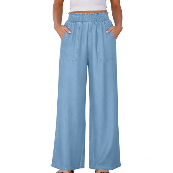 Wide Leg Jeans for Women Trendy High Waisted Stretch Solid Color Elastic Pocket Casual Cropped Pants