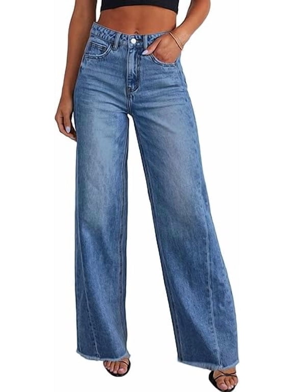 Wide Leg Jeans for Women Trendy High Waisted Stretchy Baggy Raw Hem Denim Palazzo Pants with Pockets