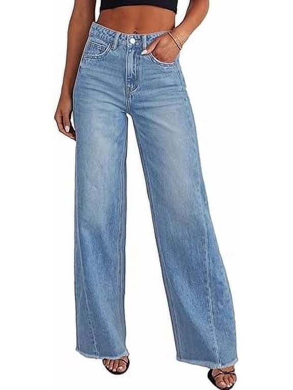 Wide Leg Jeans for Women Trendy High Waisted Stretchy Baggy Raw Hem Denim Palazzo Pants with Pockets
