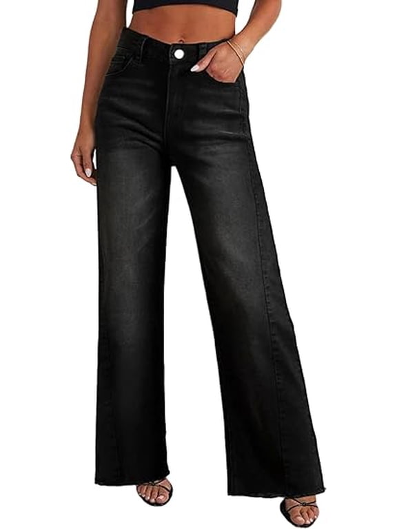 Wide Leg Jeans for Women Trendy High Waisted Stretchy Baggy Raw Hem Denim Palazzo Pants with Pockets
