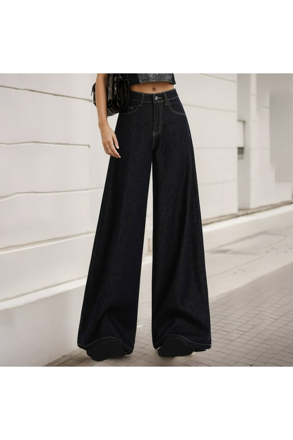 Wide Leg Jeans for Women Trendy High Waisted Stretchy Denim Pants 90s Baggy Jeans Trouser Jeans with Pockets Dark Blue L
