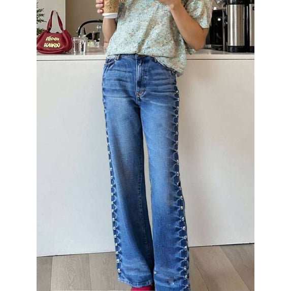 Wide-Leg Jeans with Side Button Detailing (S, Blue)