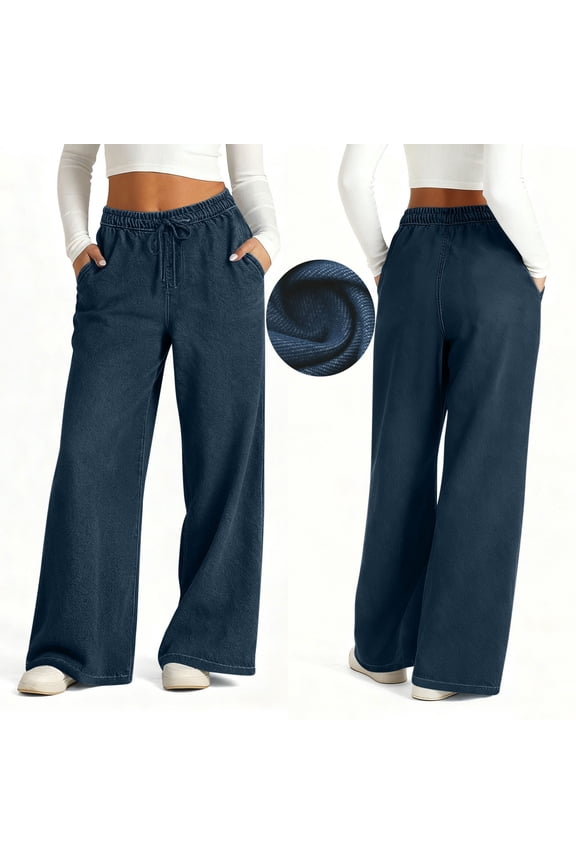 Wide Leg Jeggings for Women High Waisted Loose Fit Stretchy Palazzo Pants with Pockets Elastic Drawstring Waist Casual Pants Blue Pant,Size S-3XL