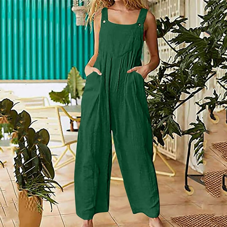 Wide Leg Jumpsuit High Waist Short Sleeve Pleated Romper Loose Fit Flex Coverall Ethnic Style Solid Buttons Pocket Suspender Jumpsuit Wyongtao Deals Walmart