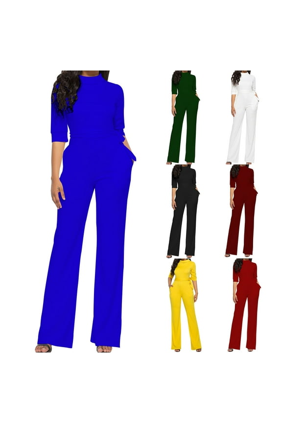Wide Leg Jumpsuit Pants, Women's Fashionable Solid Color Casual Comfortable Standing Collar Palazzo Pants Trousers, Lounge Wear for Work Office and Travel, Mother's Day Gifts for Women
