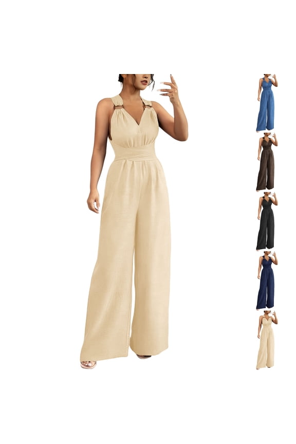 Wide Leg Jumpsuit for Women Dressy Ruched Tunic Tops High Waisted Loose V Neck Sleeveless Rompers Business Casual Rompers Lounge Fashion Trendy Overalls 2026 Summer Beach Vacation Outfits