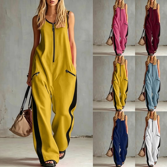 Wide Leg Jumpsuits For Women Zippered Round Neck Sleeveless Casual Jumpsuit Loose Trendy Wide Leg Baggy Overalls Summer Outfits with Pockets
