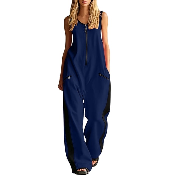 Wide Leg Jumpsuits For Women Zippered Round Neck Sleeveless Casual Jumpsuit Loose Trendy Wide Leg Baggy Overalls Summer Outfits with Pockets