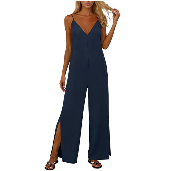 Wide Leg Jumpsuits for Women Adjustable Spaghetti Strap V Neck Split One Piece Long Romper Pants Dressy Casual (2XL, Navy)