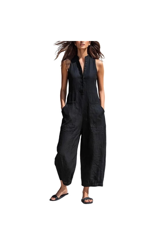 Wide Leg Jumpsuits for Women Sleeveless Button Front Trendy Band Collar Linen Jumpsuits with Pockets Vacation Black S