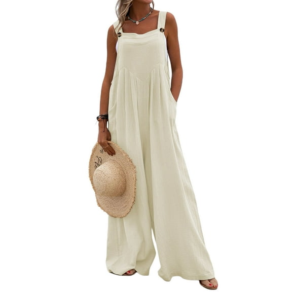 Wide Leg Jumpsuits for Women Sleeveless Suspender Overalls Loose Wide Leg Baggy Rompers Button Palazzo with Pockets
