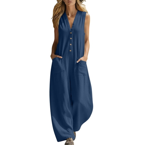 Wide Leg Jumpsuits for Women Summer Dressy Overalls Lightweight Sleeveless Button Down Rompers with Pockets