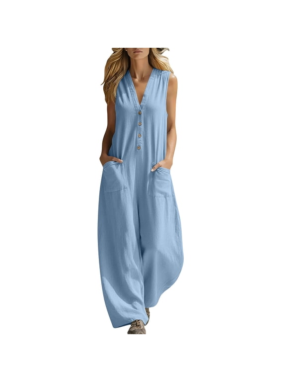 Wide Leg Jumpsuits for Women Summer Dressy Overalls Lightweight Sleeveless Button Down Rompers with Pockets