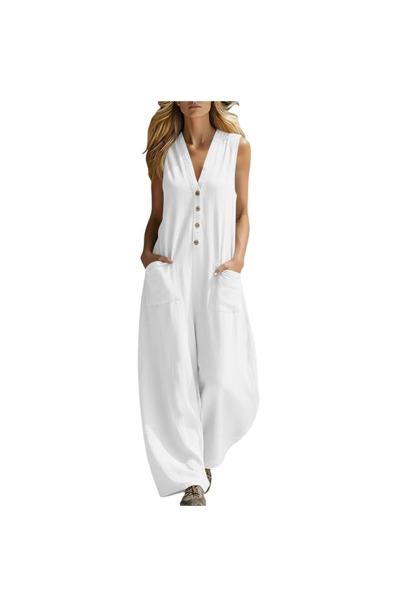 Wide Leg Jumpsuits for Women Summer Dressy Overalls Lightweight Sleeveless Button Down Rompers with Pockets
