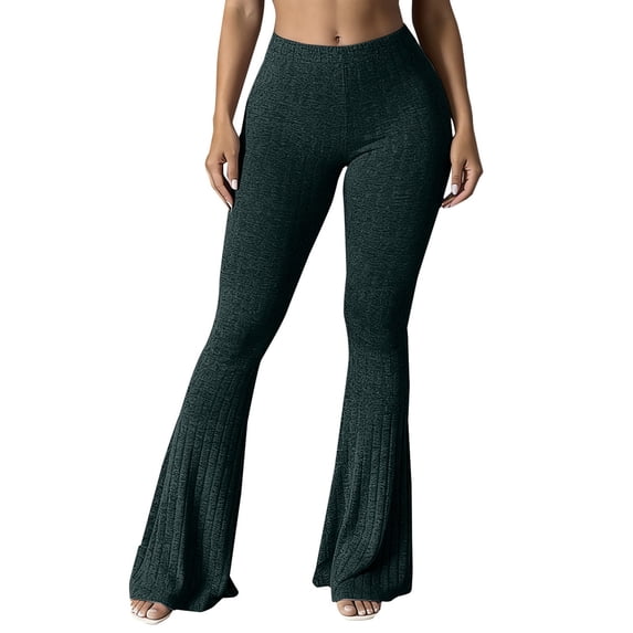 Wide Leg Knit Pants for Women, Comdrip Women's High Waisted Yoga Leggings Comfy Stretch Ribbed Knit Flare Pants Long Slacks Trousers Ribbed Knit Pants Blackish Green 2XL