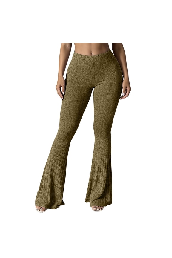 Wide Leg Knit Pants for Women, Comdrip Women's High Waisted Yoga Leggings Comfy Stretch Ribbed Knit Flare Pants Long Slacks Trousers Ribbed Knit Pants Gold 2XL