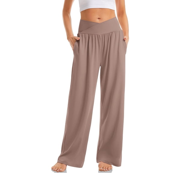 Wide Leg Leggings for Women Crossover Yoga Pants Sweatpants Baggy Trousers Soft High Waisted Casual Coffee S