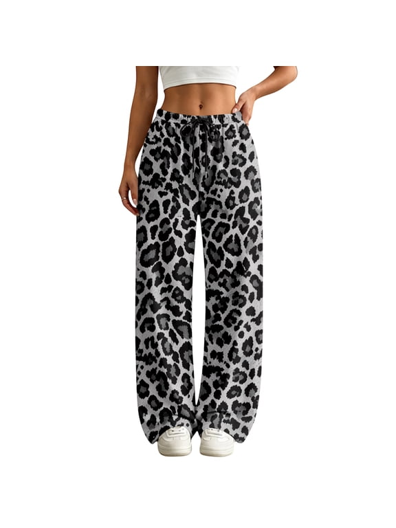 Wide Leg Leopard Pants for Women Flowy Palazzo Drawstring Y2K Elastic Waist Trousers with Pockets Fall Vacation Halloween Clothes