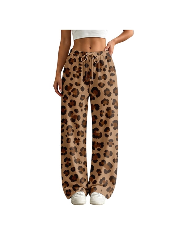 Wide Leg Leopard Pants for Women Flowy Palazzo Drawstring Y2K Elastic Waist Trousers with Pockets Fall Vacation Halloween Clothes