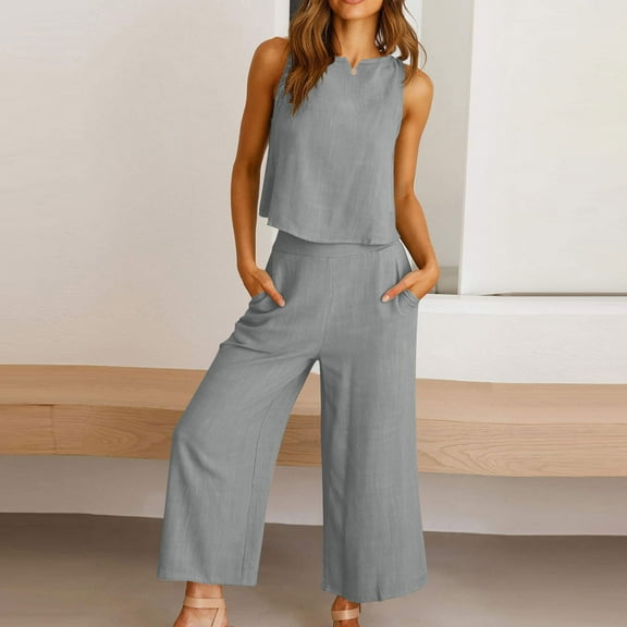 Wide-Leg Linen Capris Set, Womens Sleeveless Tank Tops and High Waisted Capris Suit, Summer Vacation Casual Outfits with Pockets Womens Casual 2 Piece Outfits Cotton Linen Sets Gray M