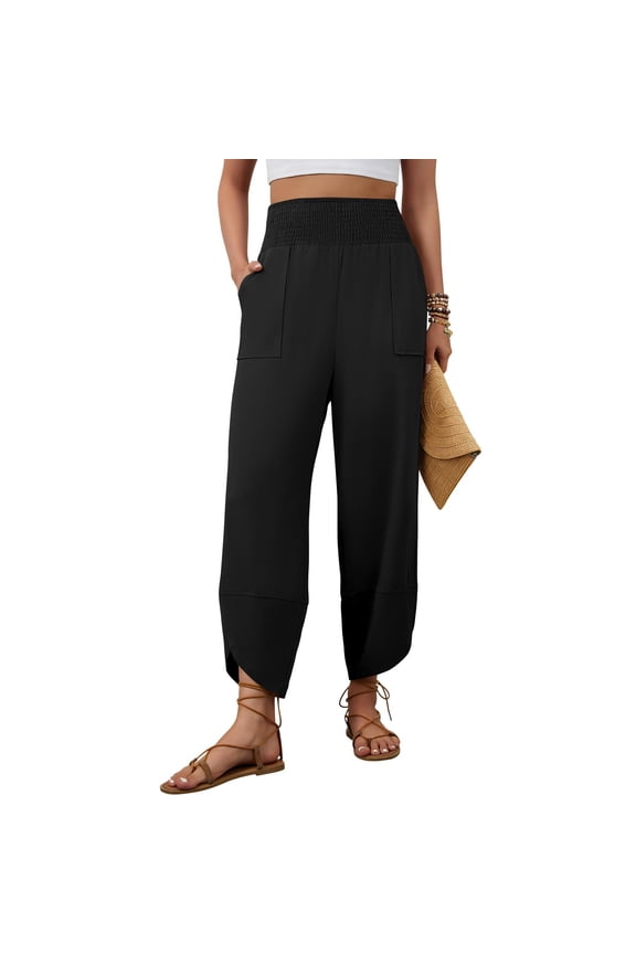 Wide Leg Linen Pant for Women Elastic Waisted Casual Palazzo Harem Pants Summer Beach Trousers Capri Pant Black L