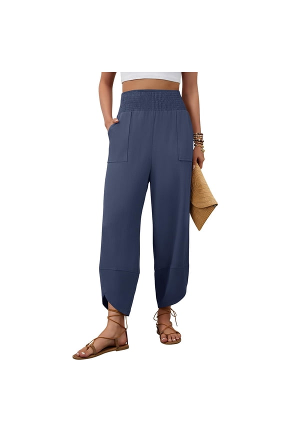 Wide Leg Linen Pant for Women Elastic Waisted Casual Palazzo Harem Pants Summer Beach Trousers Capri Pant Navy S