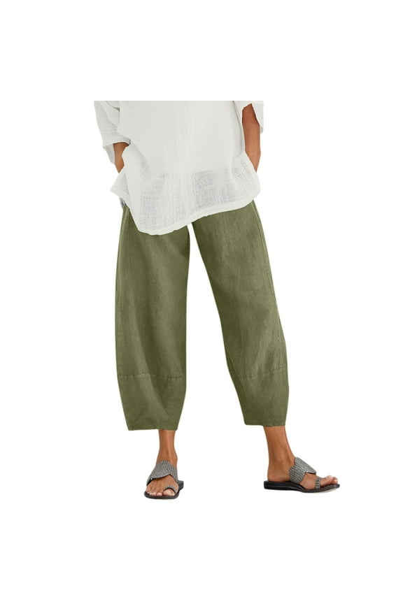 Wide Leg Linen Pants For Women Cotton Waist Crop Loose Colour Pure And Harem Linen Elastic Army Green Women'S Pants Plus Size XXXXL