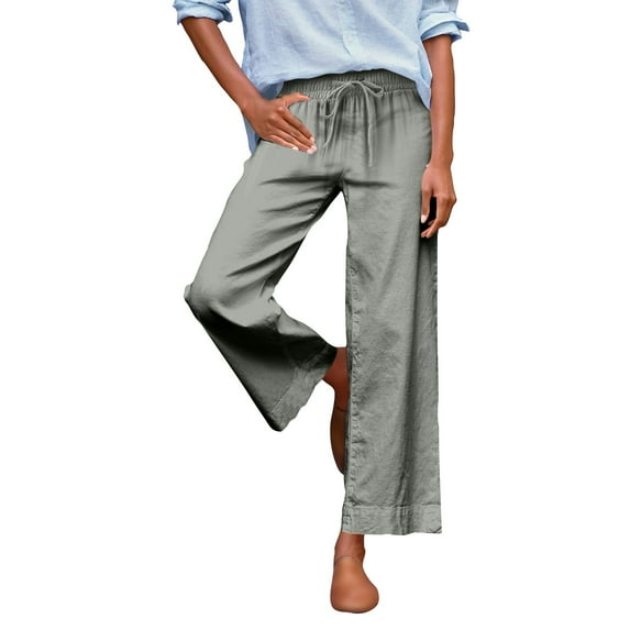 Wide Leg Linen Pants for Women, Audhol Womens Daily Elastic Waist Pockets Straight Solid Color Casual Pants Loose Long Trousers Linen Slacks for Women Army Green S