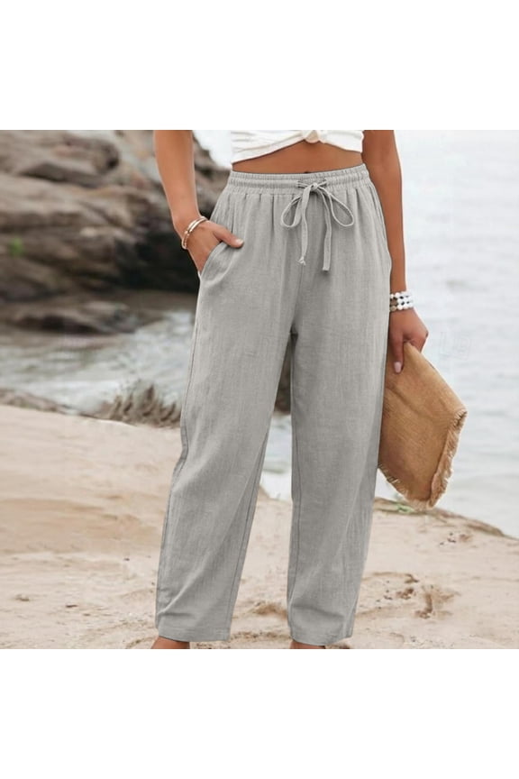 Wide Leg Linen Pants Women Casual Summer Beach Palazzo Pants High Waisted Straight Leg Lounge Trousers with Pockets Gray 2XL