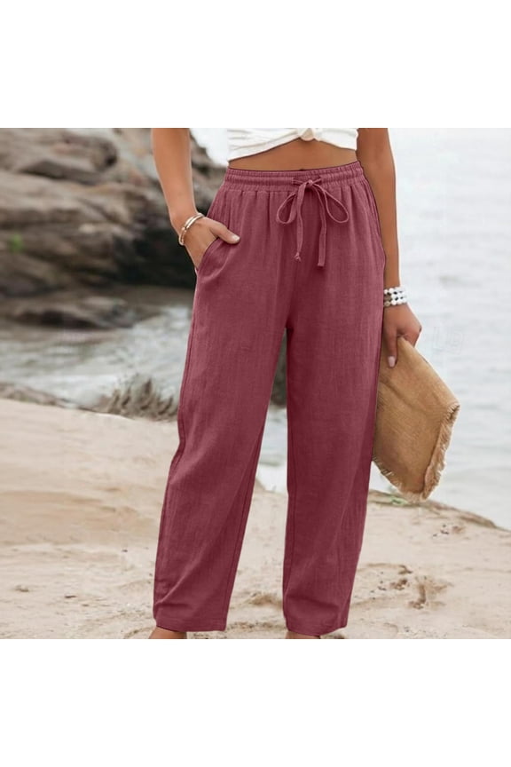 Wide Leg Linen Pants Women Casual Summer Beach Palazzo Pants High Waisted Straight Leg Lounge Trousers with Pockets Wine M