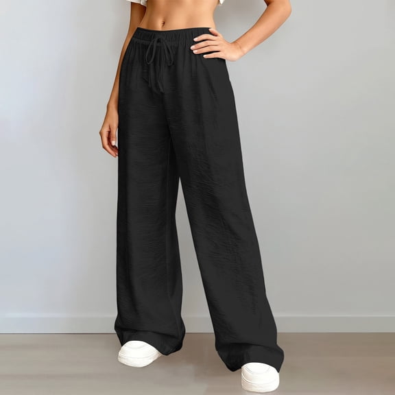 Womens Plus Size Pants Summer Elastic High Waist Drawstring Casual Loose Wide Leg Trousers Pants with Pockets Black L