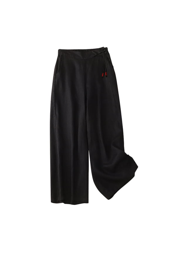 Wide Leg Linen Pants Women Flowy Gauzy Palazzo Side Cord Elastic Waist Trousers with Pockets Summer Beach Vacation Clothes Black