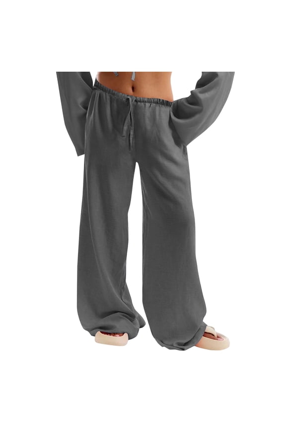 Wide Leg Linen Pants Women Low Rise Baggy Palazzo Pants Soft Drawstring Sweatpants Lightweight Boho Beach Trousers with Pockets Dark Gray S