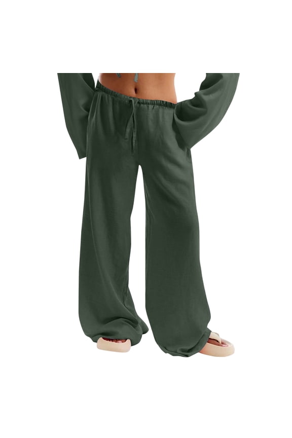 Wide Leg Linen Pants Women Low Rise Baggy Palazzo Pants Soft Drawstring Sweatpants Lightweight Boho Beach Trousers with Pockets Dark Green 2XL