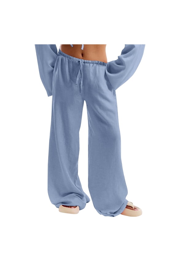 Wide Leg Linen Pants Women Low Rise Baggy Palazzo Pants Soft Drawstring Sweatpants Lightweight Boho Beach Trousers with Pockets Light Blue S