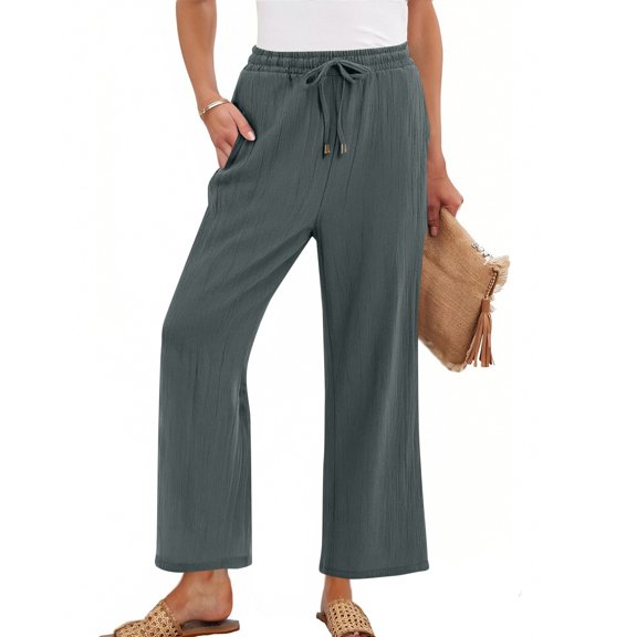 Wide Leg Linen Pants Women Summer Baggy Boho Casual Elastic Waist Long Lounge Travel Pants Trousers with Pockets Dark Gray 2XL