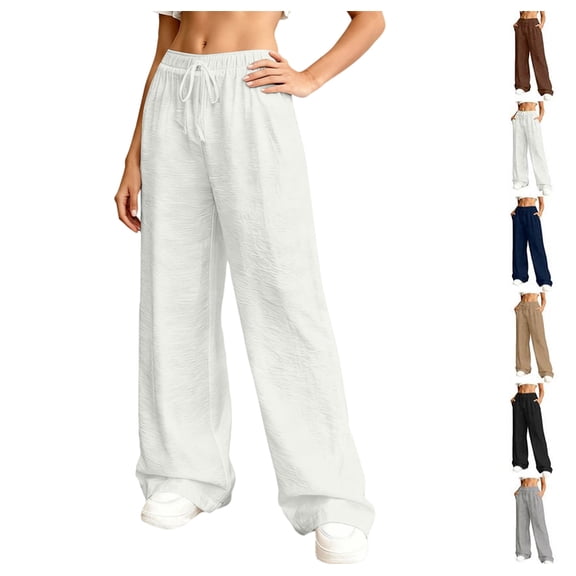 Wide Leg Linen Pants Women Summer Casual High Waisted Drawstring Pants with Pockets Loose Lightweight Lounge Trousers White M