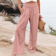 thumbnail image 1 of Wide Leg Linen Pants Women Summer High Waisted Boho Beach Flowy Pant Casual Vacation Outfits Elastic Lounge Trousers Pink 3XL, 1 of 5