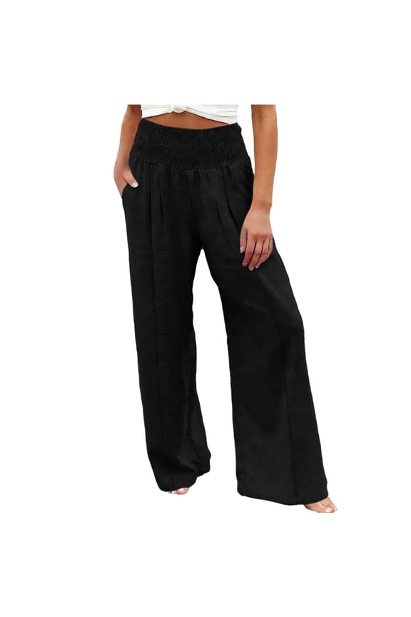 Wide Leg Linen Pants Women Summer High Waisted Linen Palazzo Pants Casual Flowy Beach Gaucho Trousers with Pockets, M