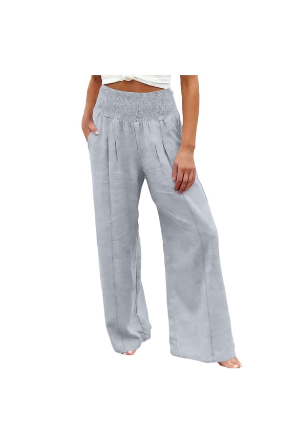 Wide Leg Linen Pants Women Summer High Waisted Linen Palazzo Pants Casual Flowy Beach Gaucho Trousers with Pockets, S