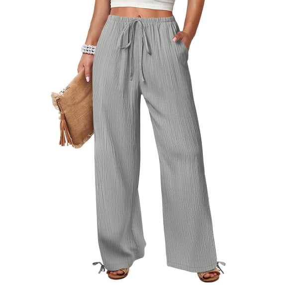 Wide Leg Linen Pants for Women Casual Drawstring Palazzo Pants Summer Vacation Beach Flowy Trousers with Pockets, L