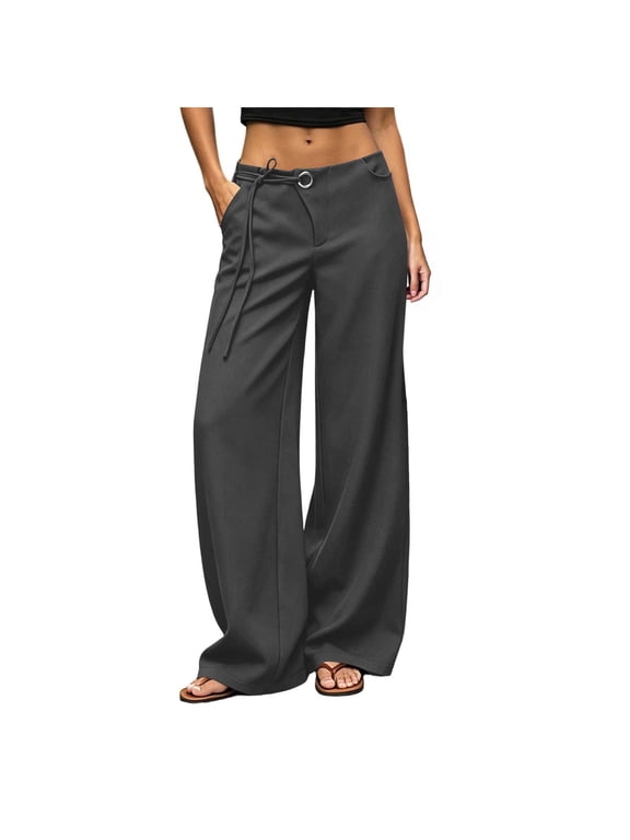 Wide Leg Linen Pants for Women Dressy Stylish Wrap High Waisted Loose Business Casual Pants with Pockets