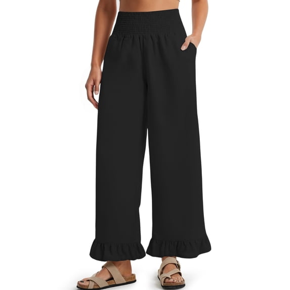 Wide Leg Linen Pants for Women High Waisted Ruffle Hem Palazzo Pants Boho Summer Casual Loose Flowy Pant Trousers Black L