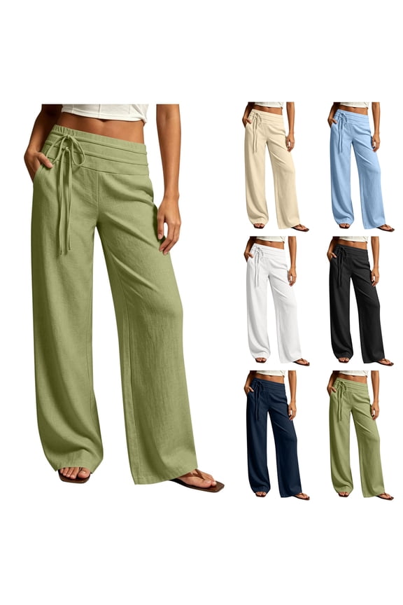 Wide Leg Linen Pants for Women Loose Flowy Palazzo Drawstring Elastic Waist Trousers Summer Beach Vacation Slacks with Pockets Black M