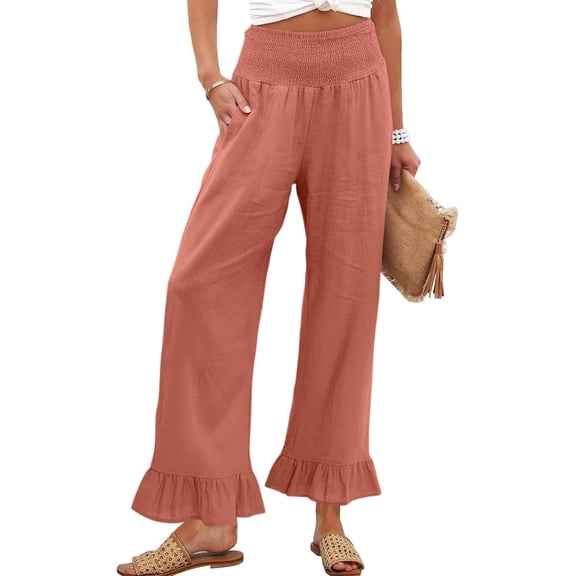 Wide Leg Linen Pants for Women Ruffle Pants Women High Waisted Ruffle Hem Palazzo Pants Boho Casual Loose Flowy Pant Trousers