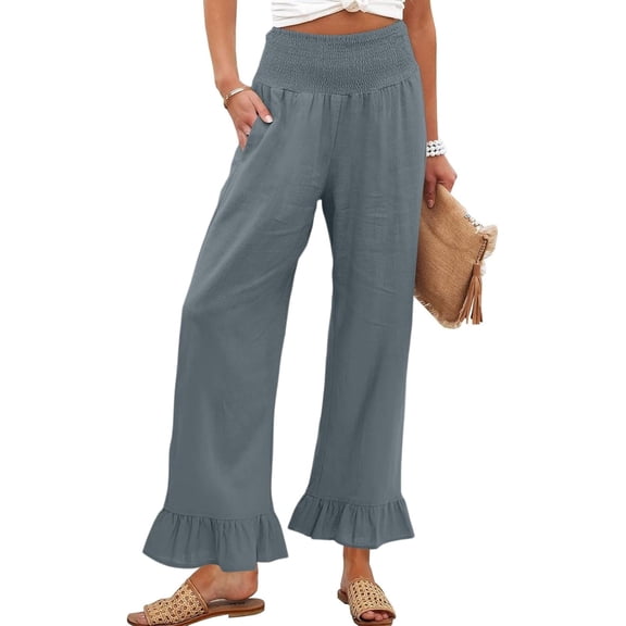 Wide Leg Linen Pants for Women Ruffle Pants Women High Waisted Ruffle Hem Palazzo Pants Boho Casual Loose Flowy Pant Trousers